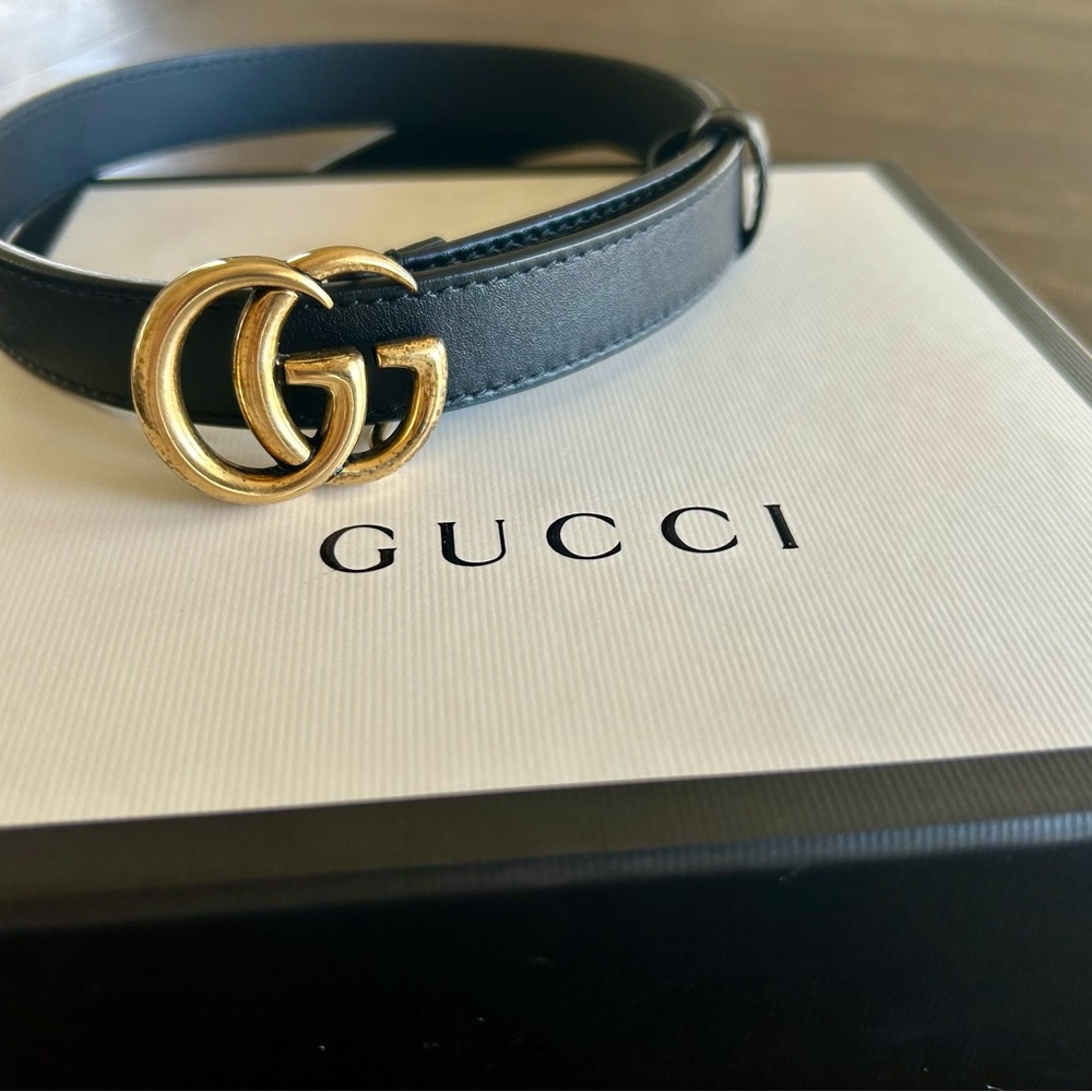 Gucci Black Leather Belt with Gold Buckle